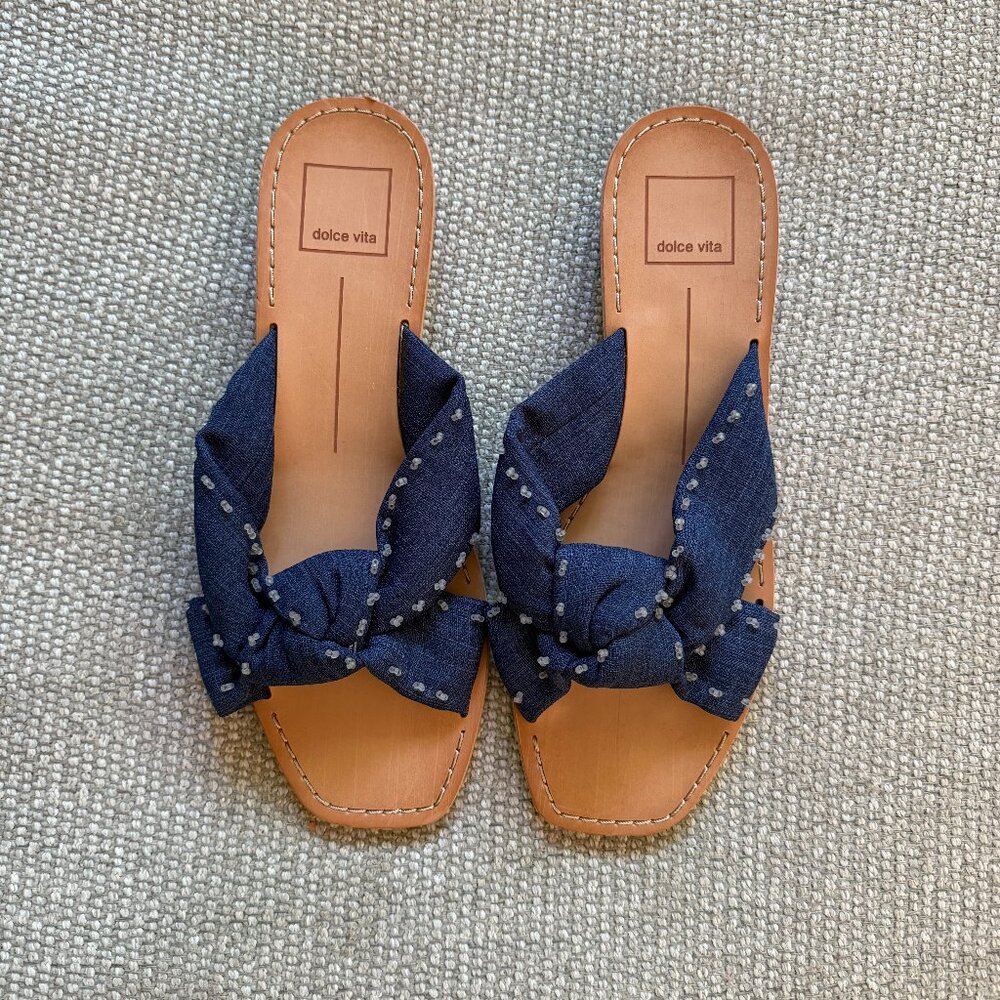NWOB Dolce Vita Haviva Dark Blue Denim Knotted Slide Sandals - Size 7.5